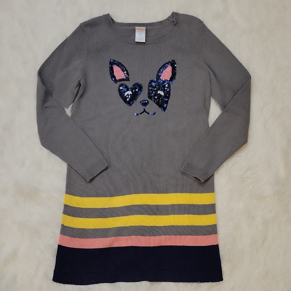 Gymboree Puppy Sequin Gray Striped  Sweater Dress Girls Size 7/8
